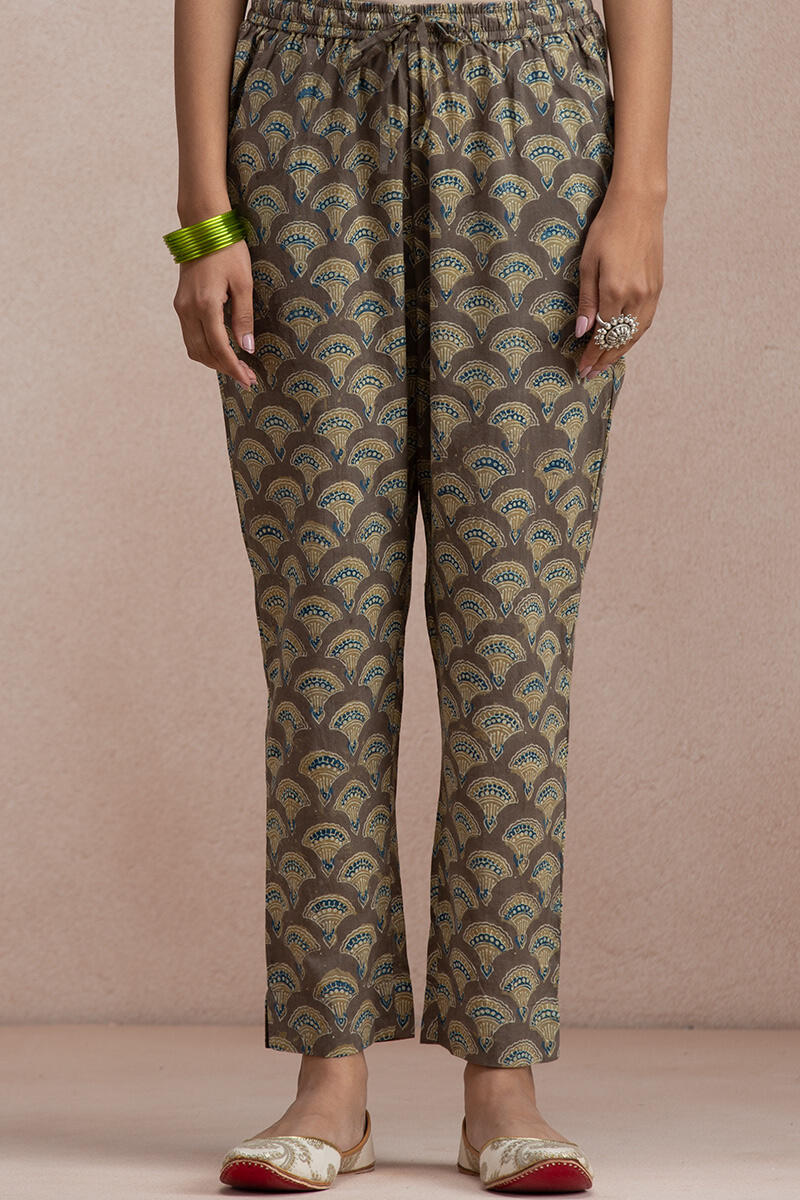 Brown Block Printed Cotton Narrow Pants