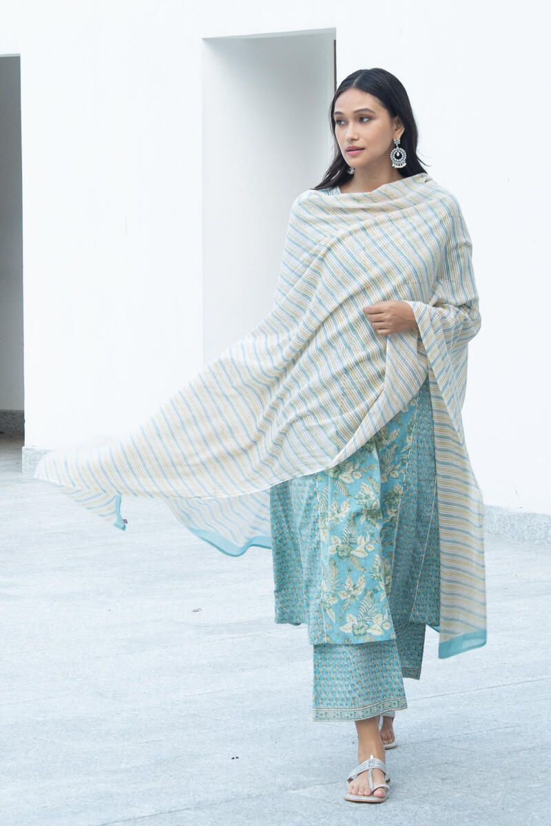 Turquoise Block Printed Cotton Dupatta