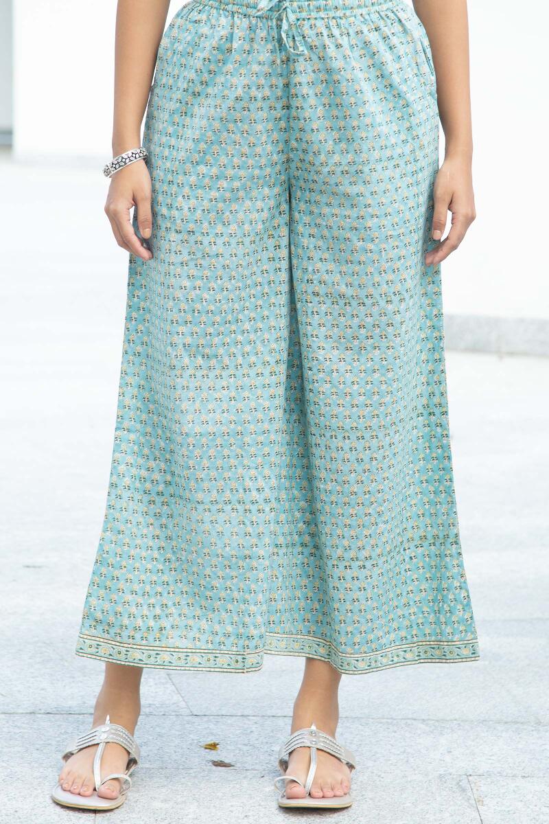 Turquoise Block Printed Cotton Palazzo