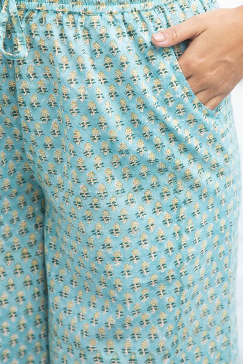 Turquoise Block Printed Cotton Palazzo