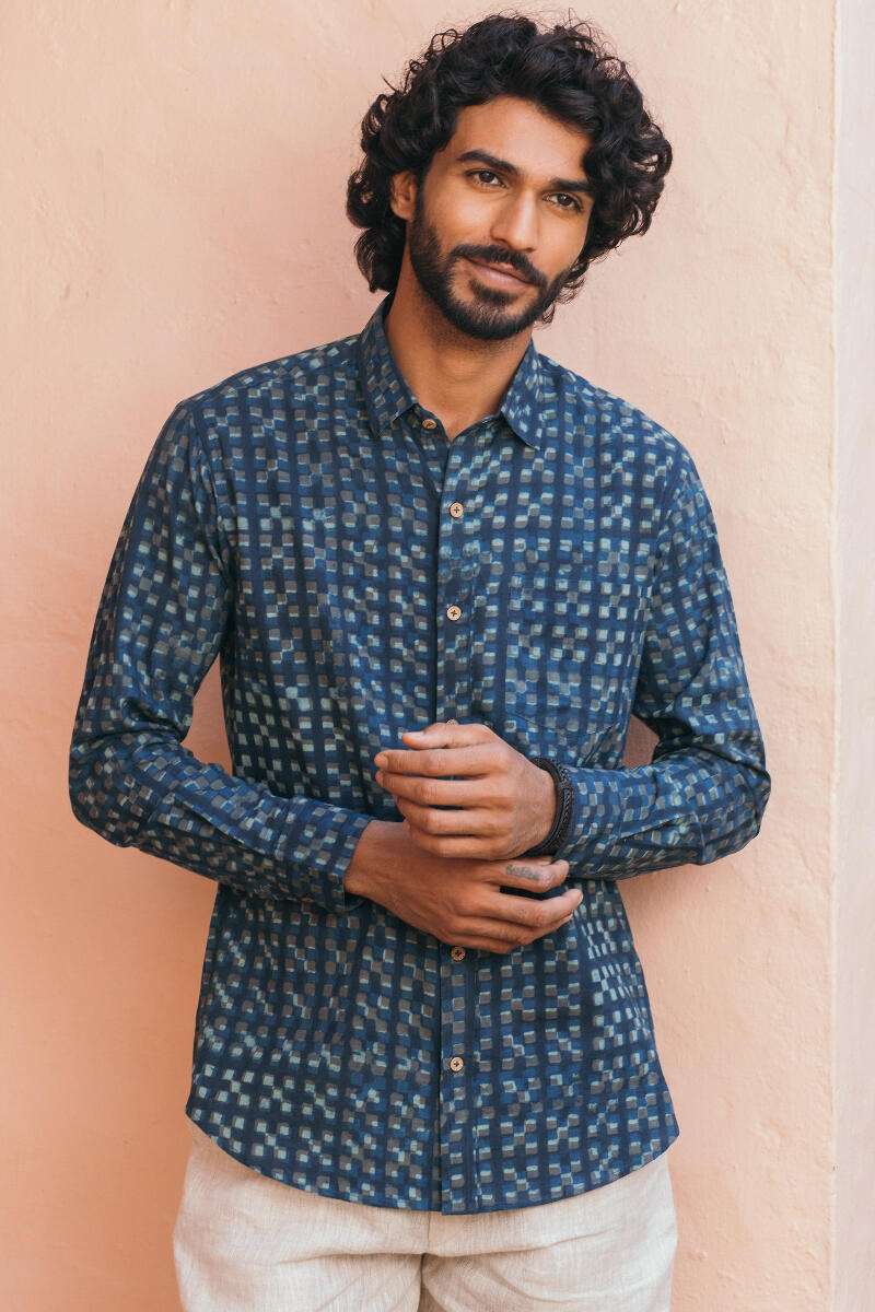 Indigo Block Printed Cotton Shirt