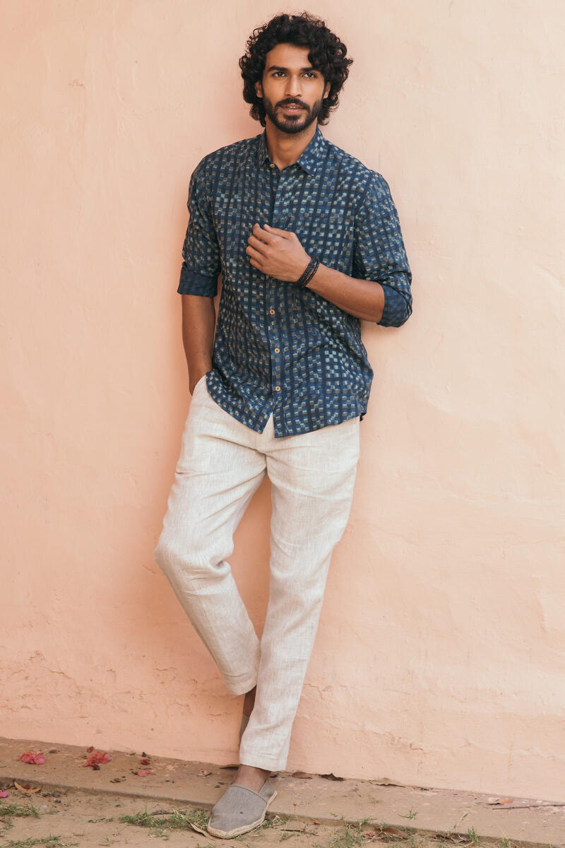 Indigo Block Printed Cotton Shirt