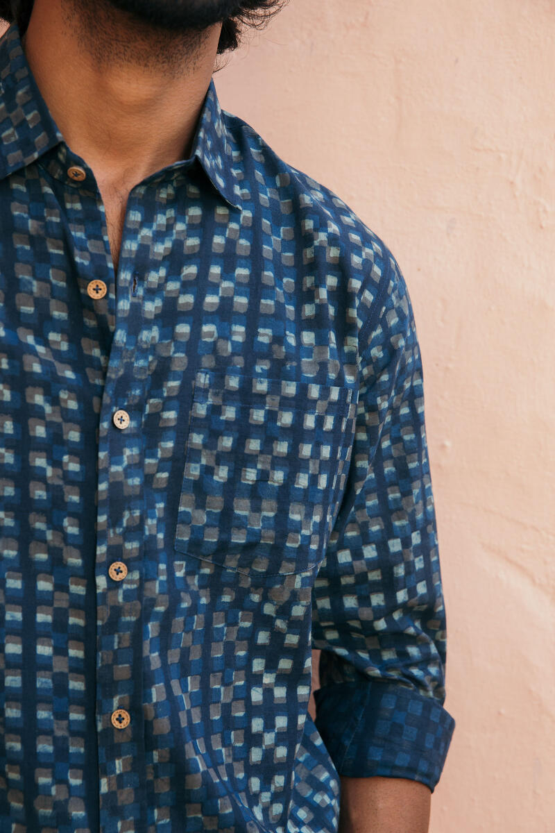 Indigo Block Printed Cotton Shirt