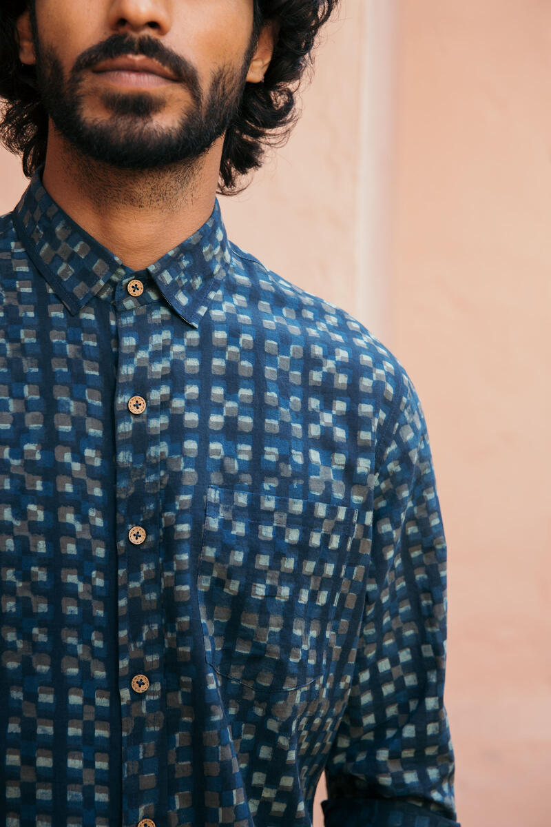 Indigo Block Printed Cotton Shirt
