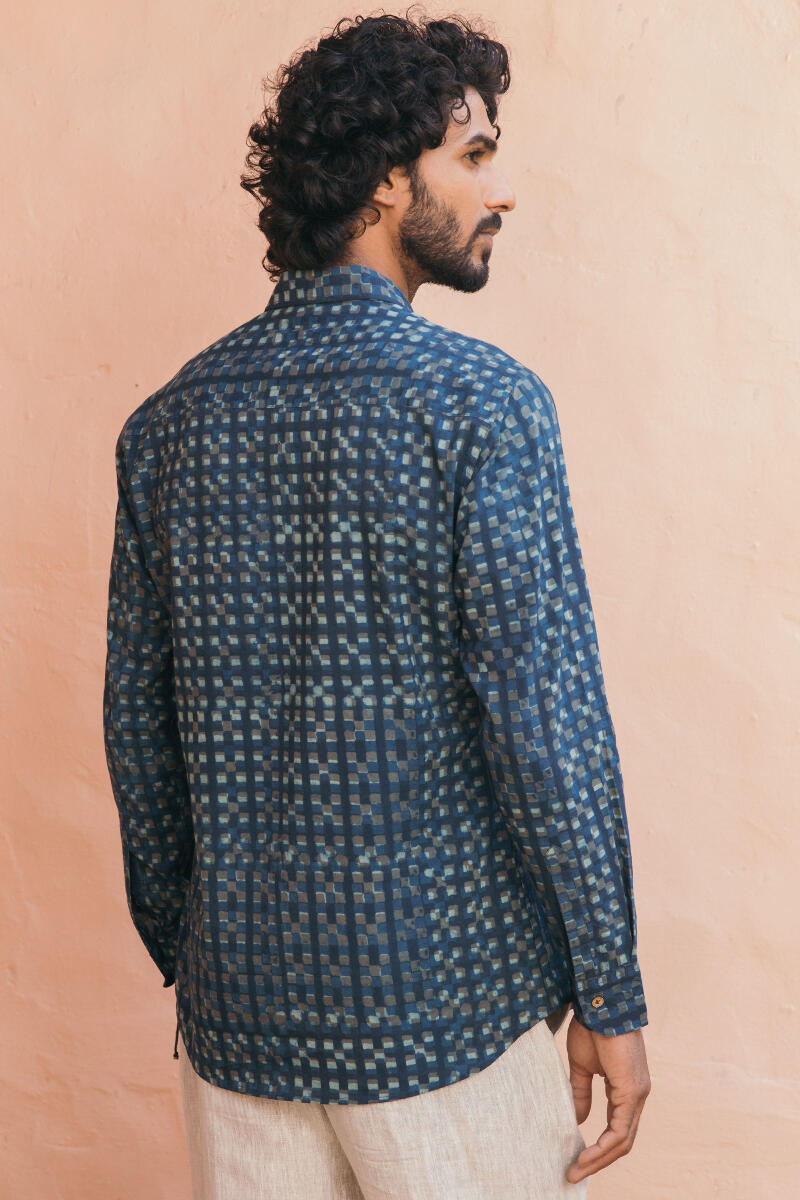 Indigo Block Printed Cotton Shirt