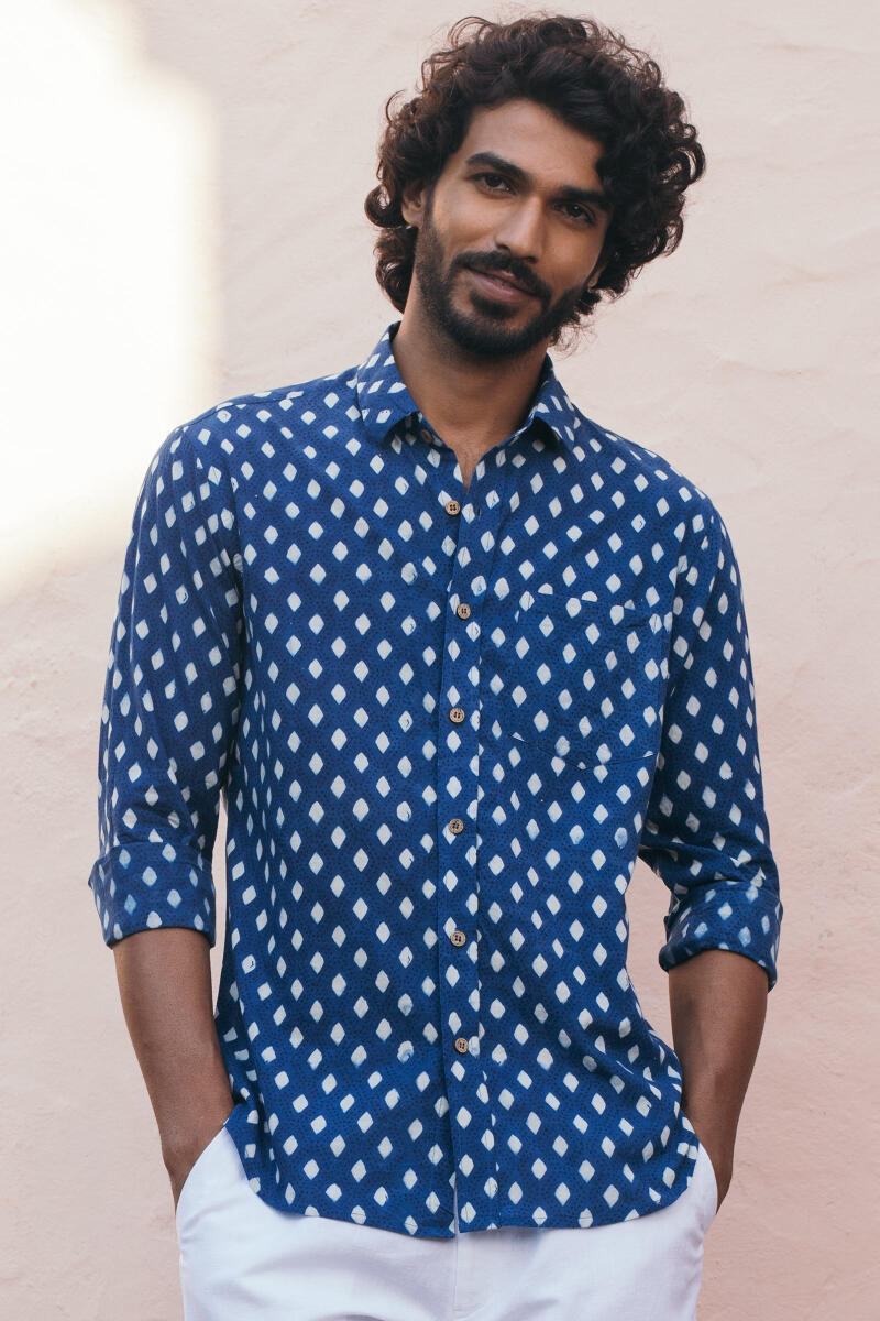 Indigo Block Printed Cotton Shirt