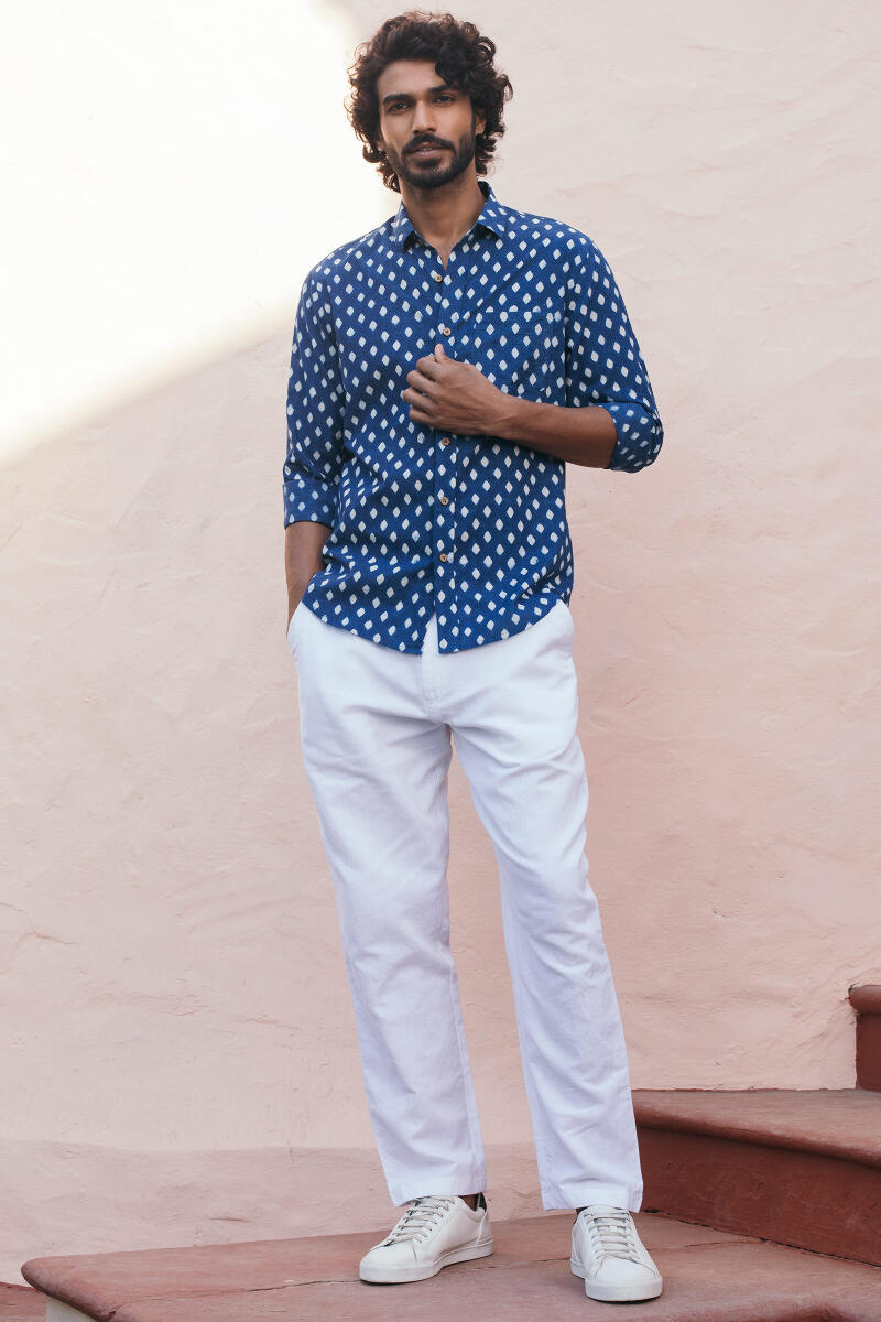 Indigo Block Printed Cotton Shirt