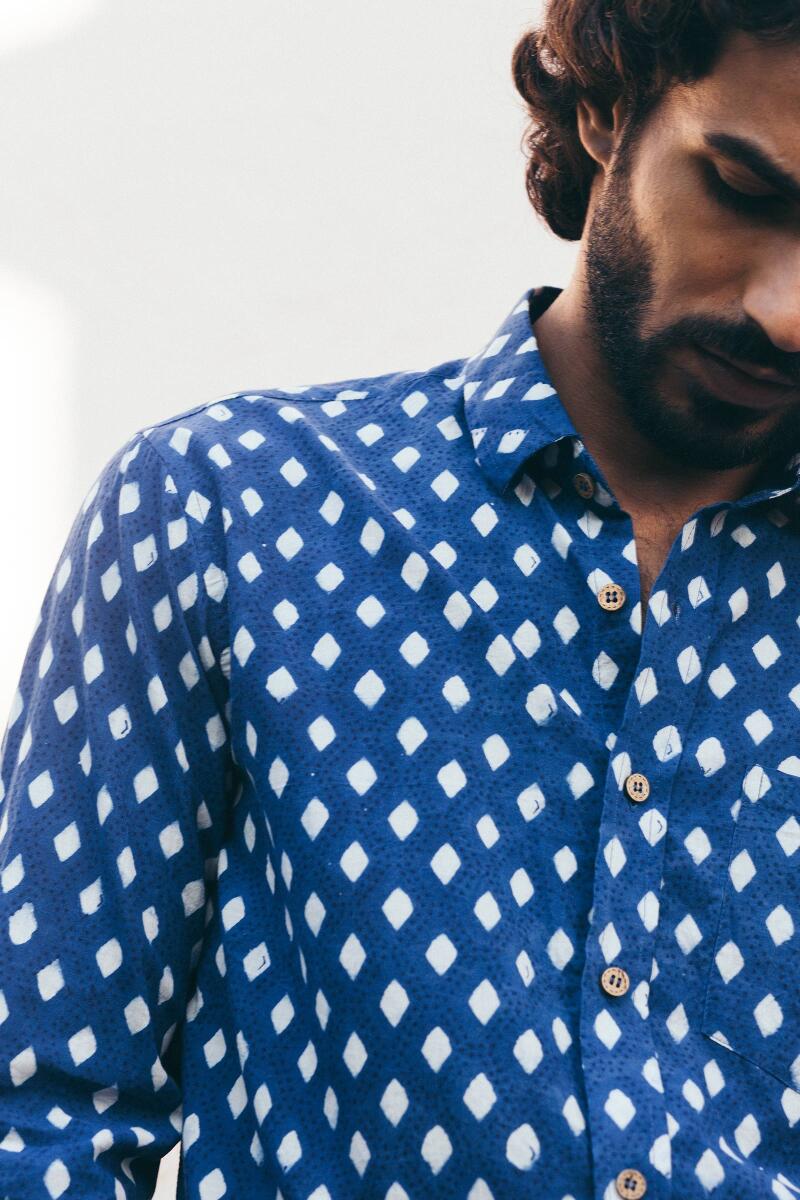 Indigo Block Printed Cotton Shirt