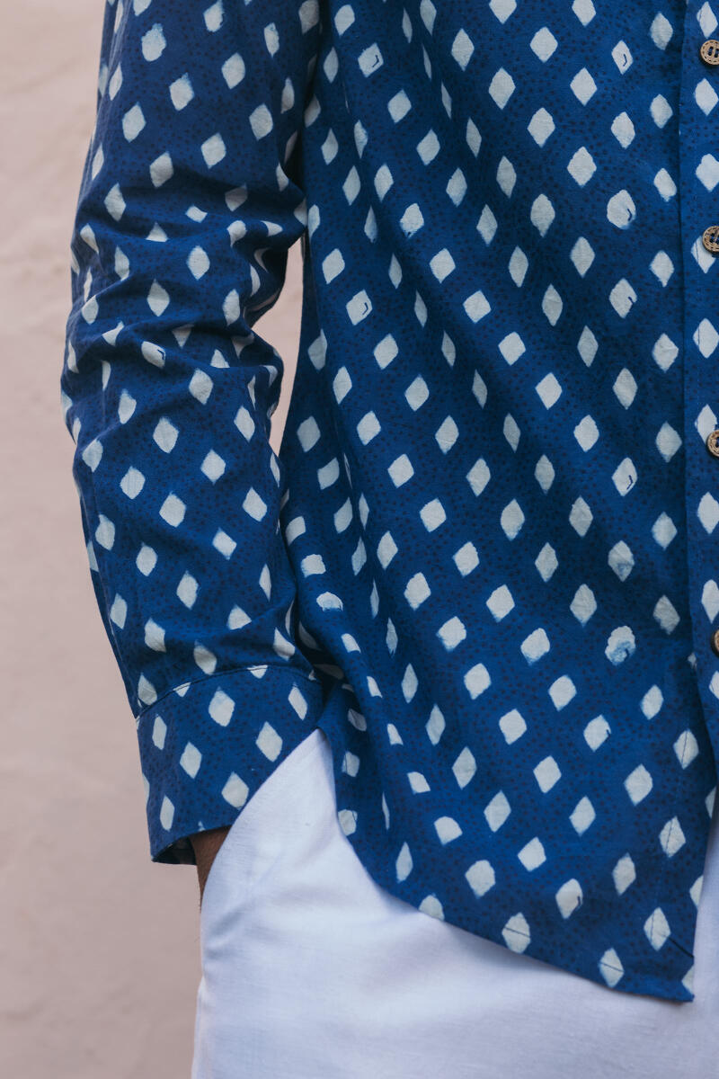 Indigo Block Printed Cotton Shirt
