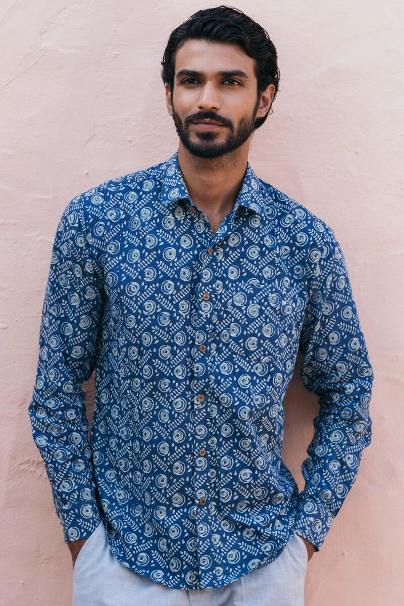 Indigo Block Printed Cotton Shirt