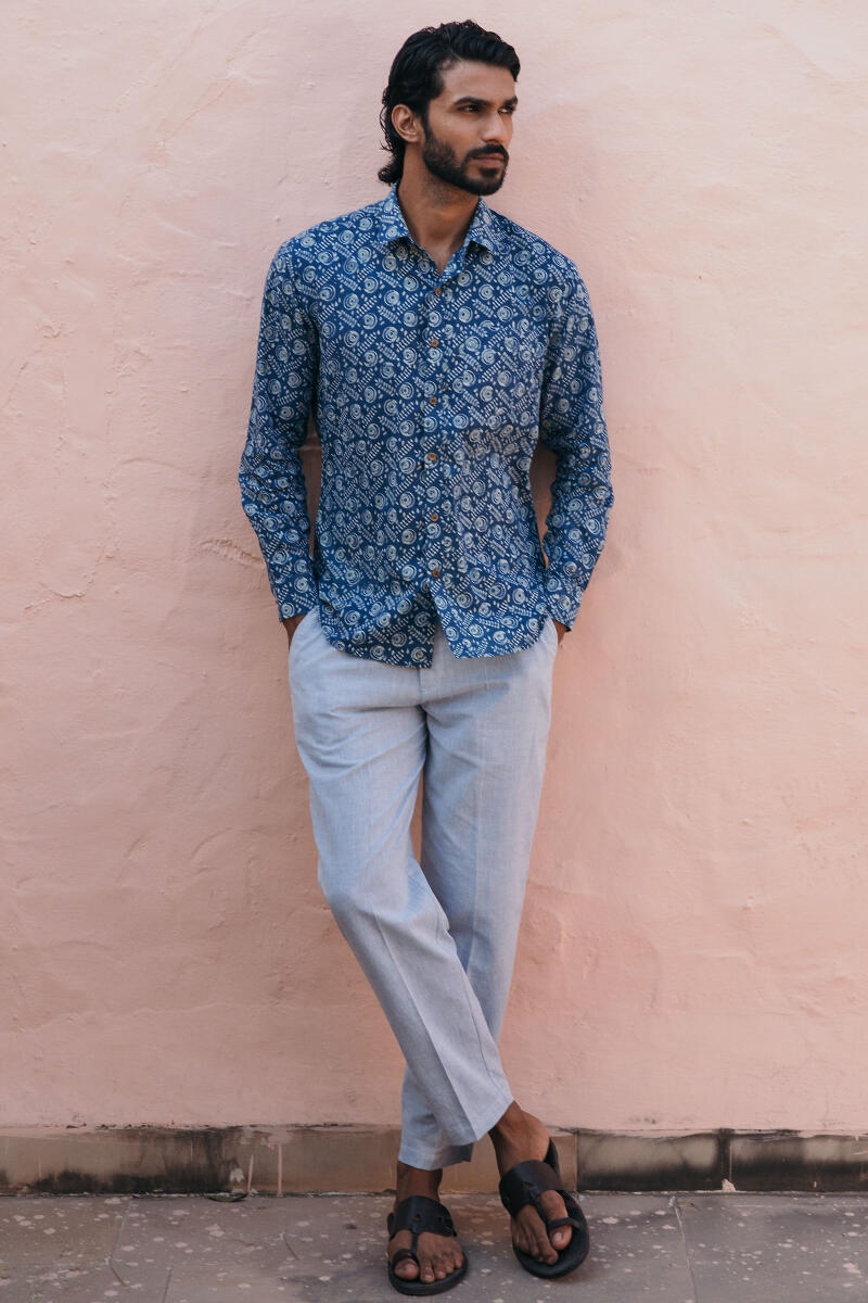 Indigo Block Printed Cotton Shirt