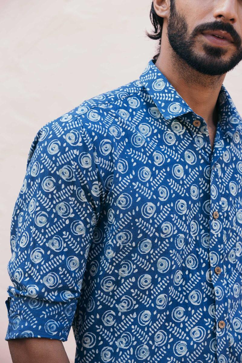 Indigo Block Printed Cotton Shirt