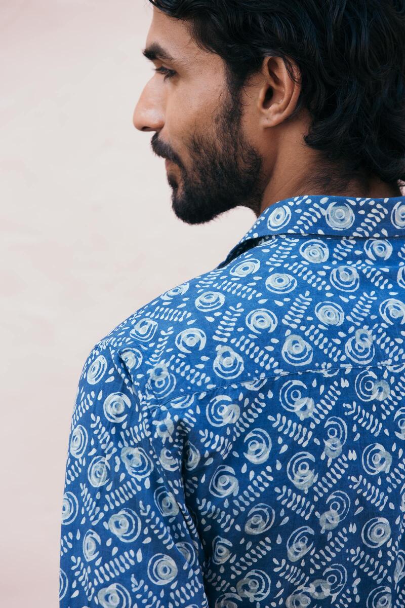 Indigo Block Printed Cotton Shirt