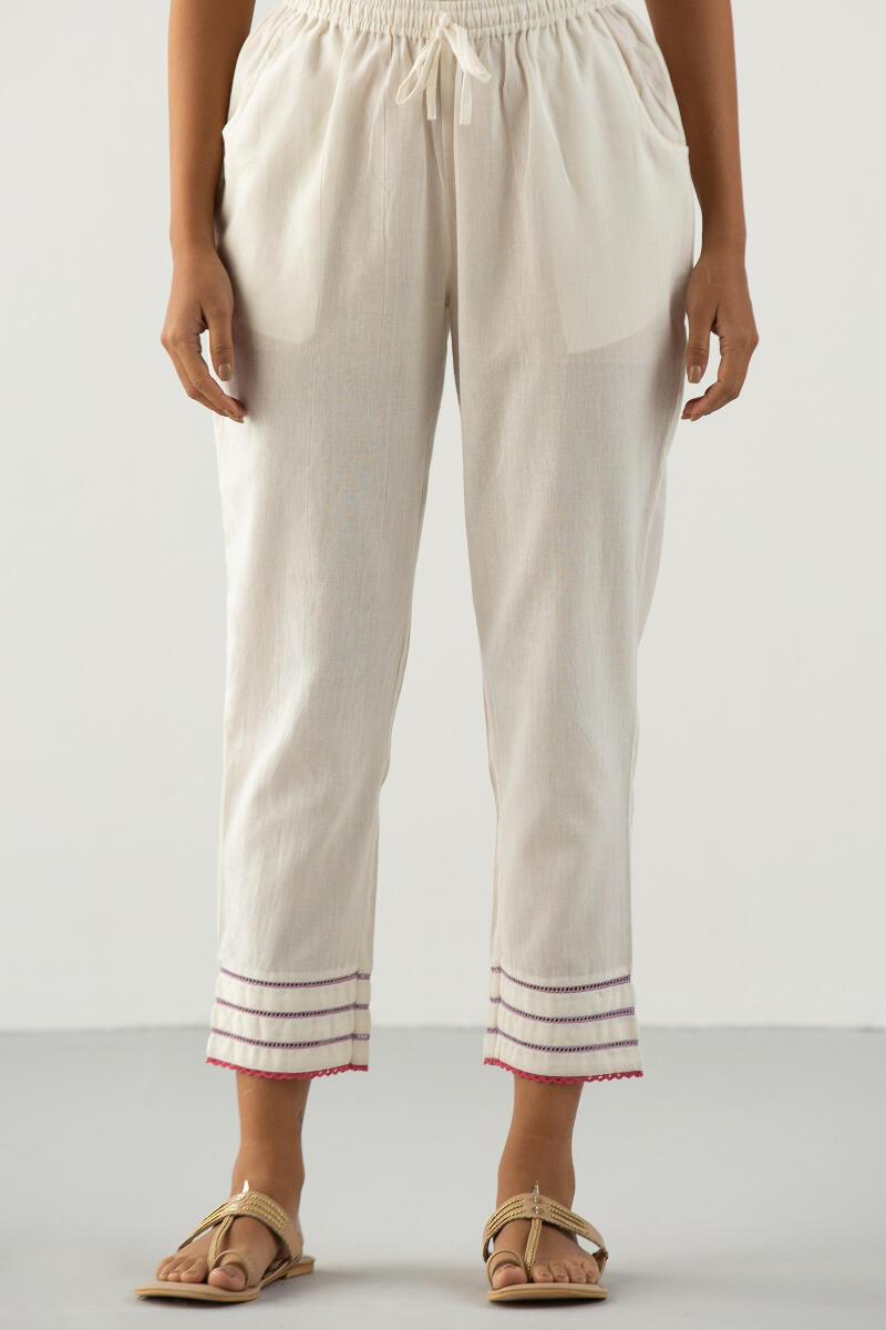 White Handcrafted Cotton Narrow Pants