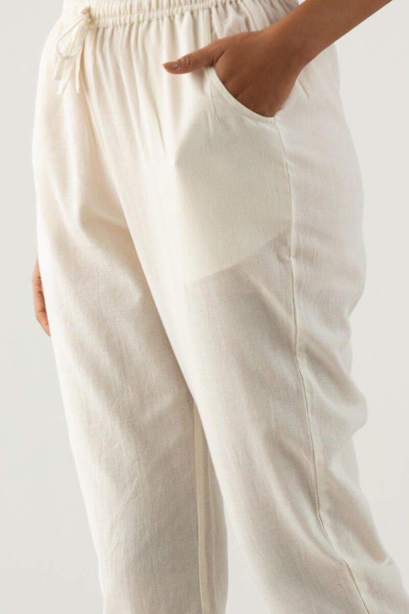 White Handcrafted Cotton Narrow Pants