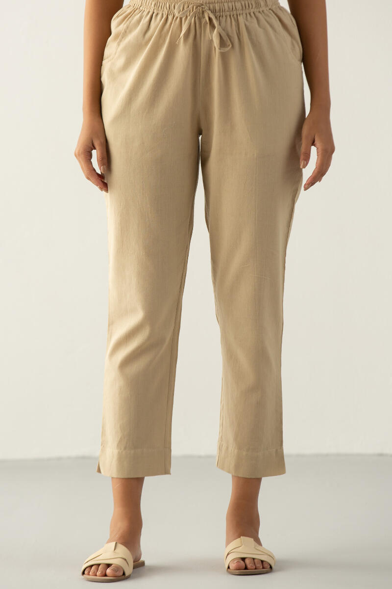 Beige Handcrafted Cotton Narrow Pants
