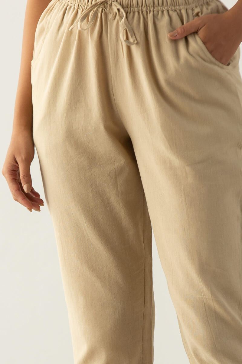 Beige Handcrafted Cotton Narrow Pants