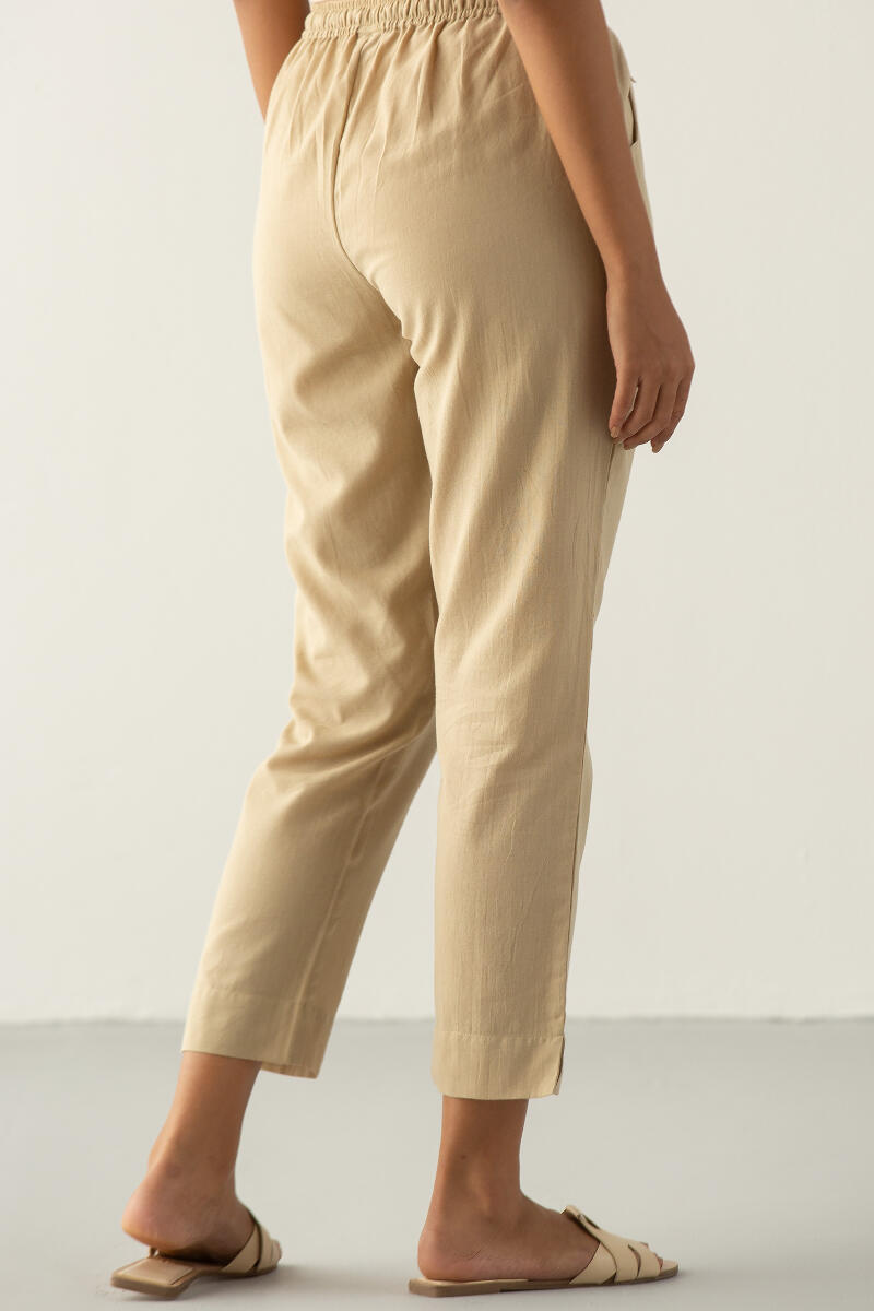 Beige Handcrafted Cotton Narrow Pants