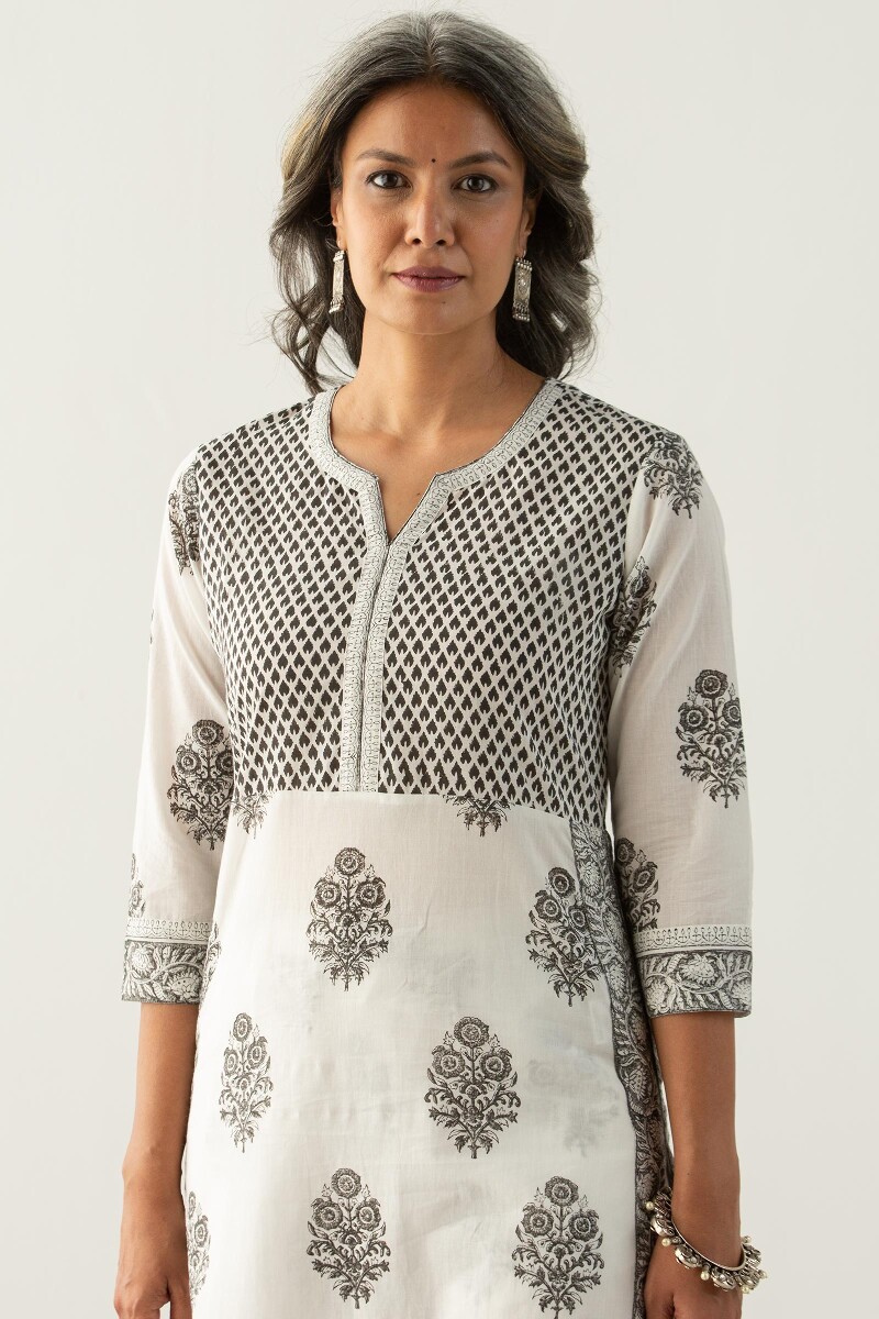 White Block Printed Straight Cotton Kurta
