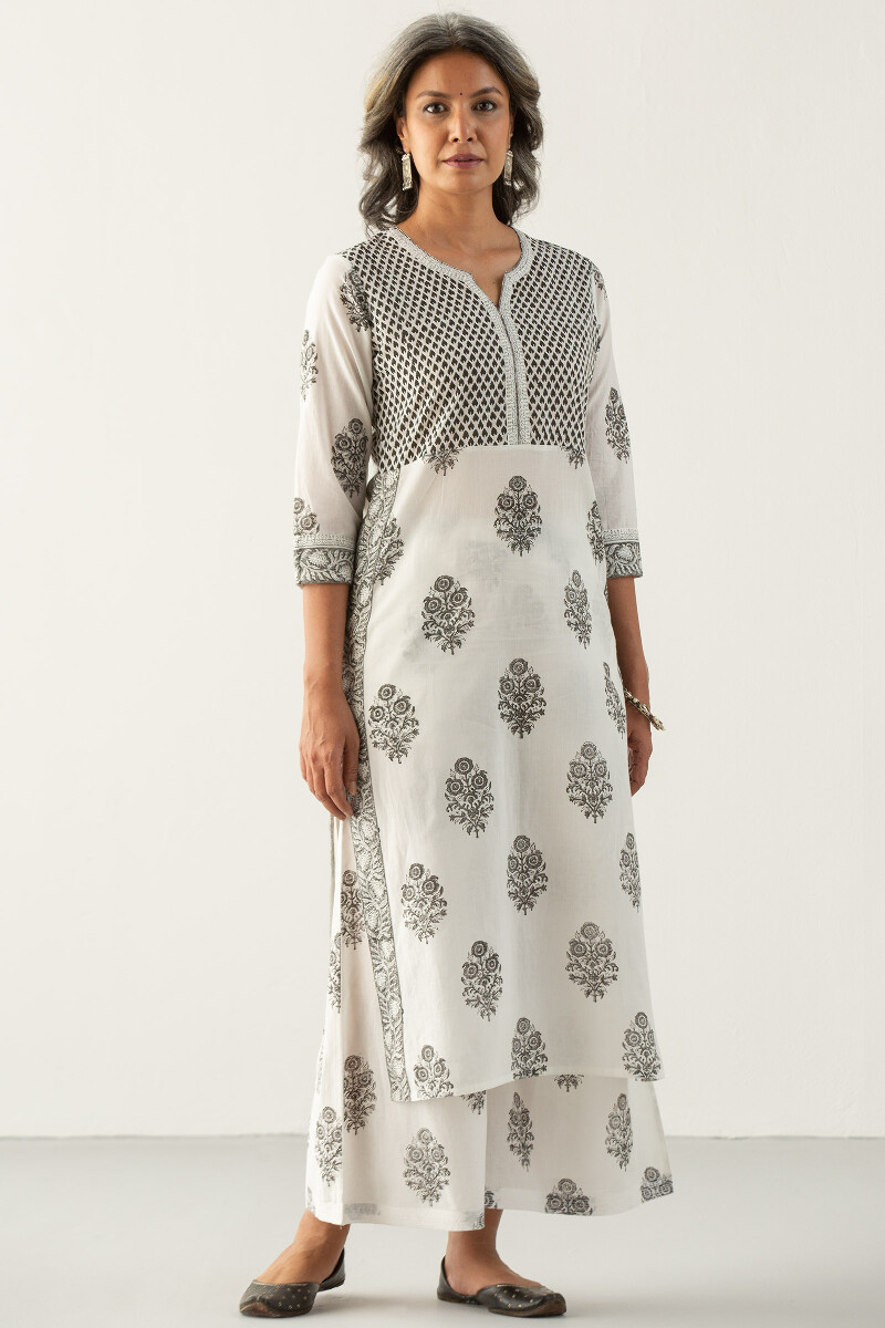White Block Printed Straight Cotton Kurta