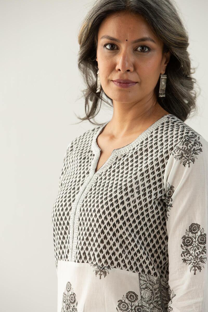 White Block Printed Straight Cotton Kurta