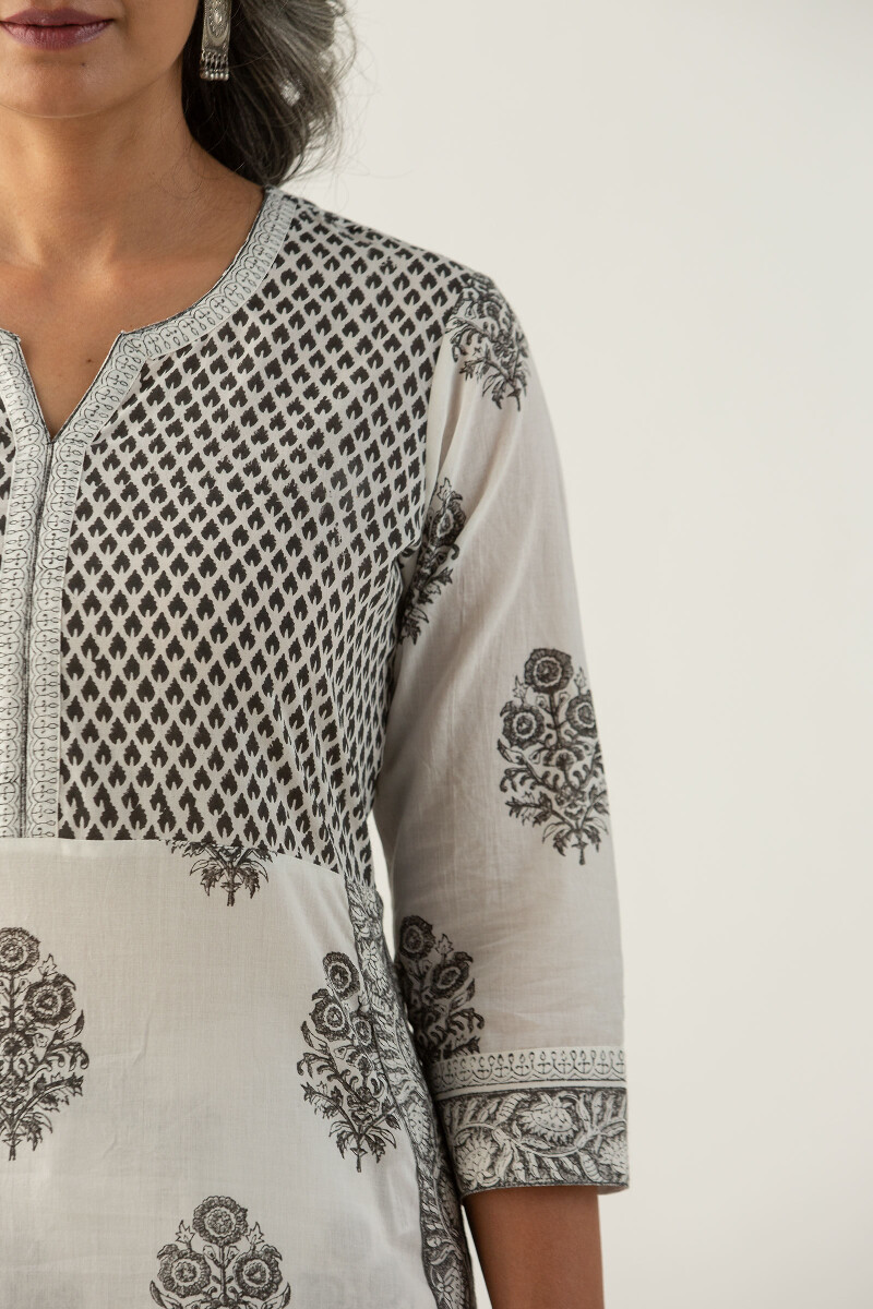 White Block Printed Straight Cotton Kurta