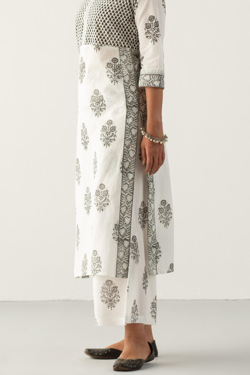 White Block Printed Straight Cotton Kurta