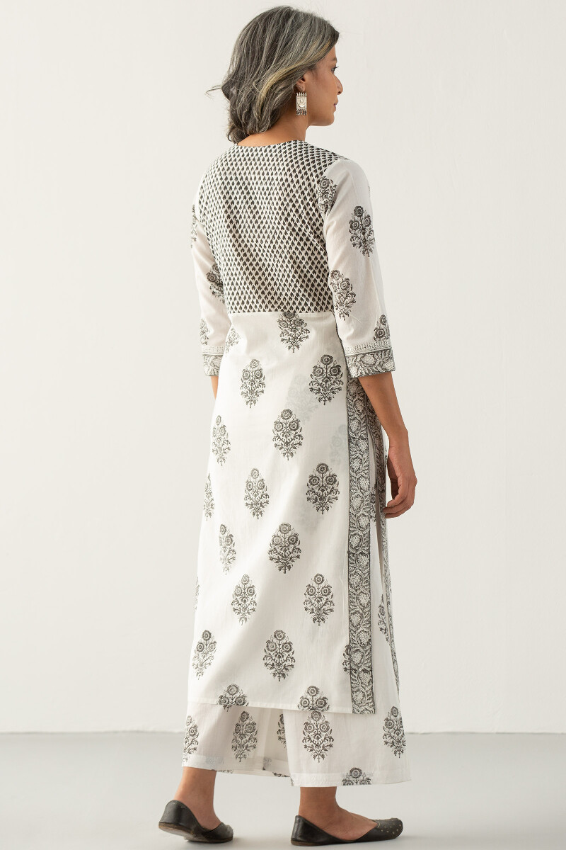 White Block Printed Straight Cotton Kurta