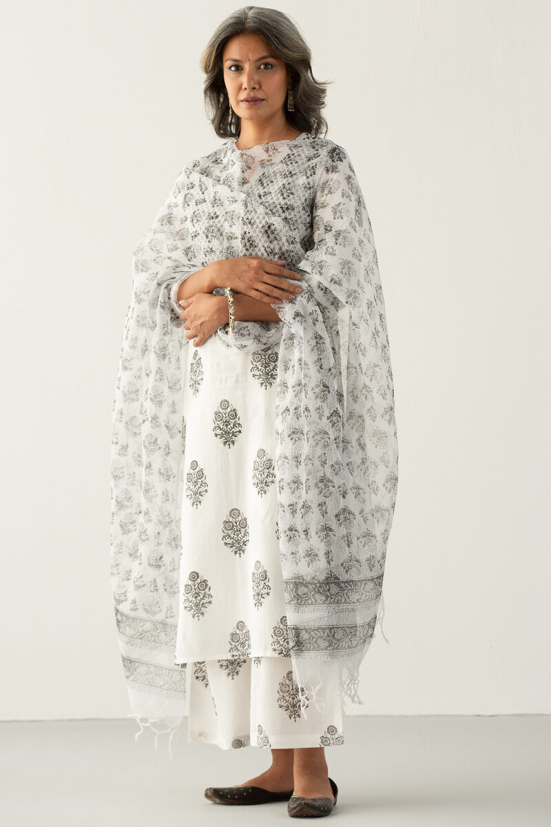 White Block Printed Straight Cotton Kurta