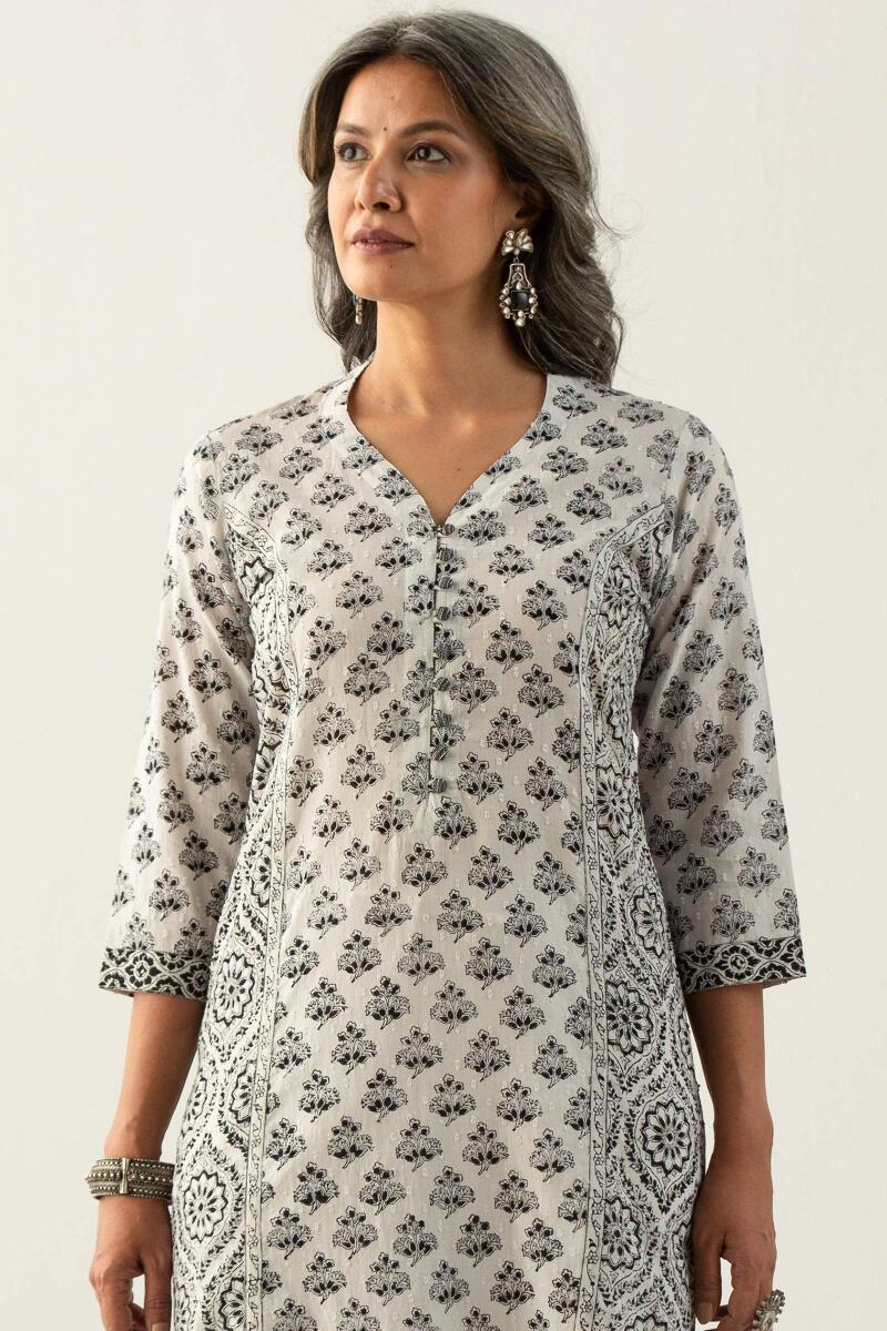 White Block Printed Straight Cotton Kurta