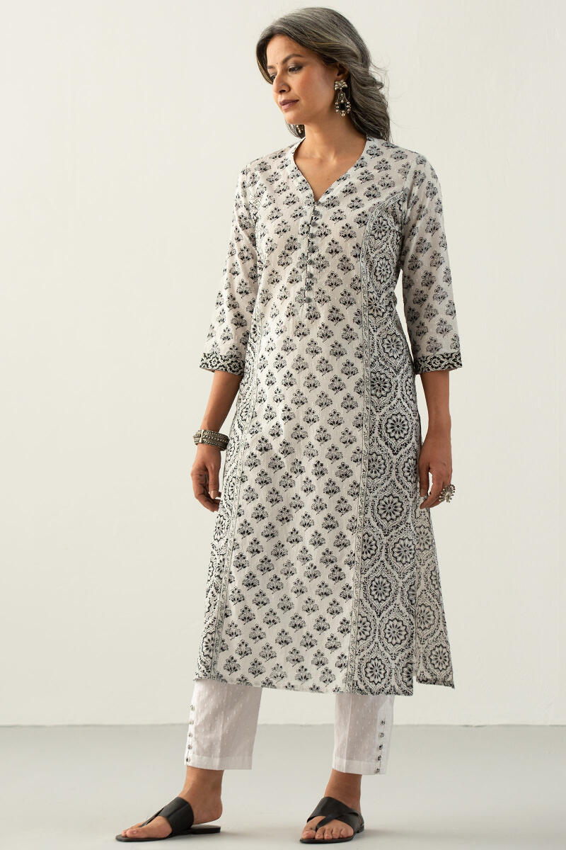 White Block Printed Straight Cotton Kurta