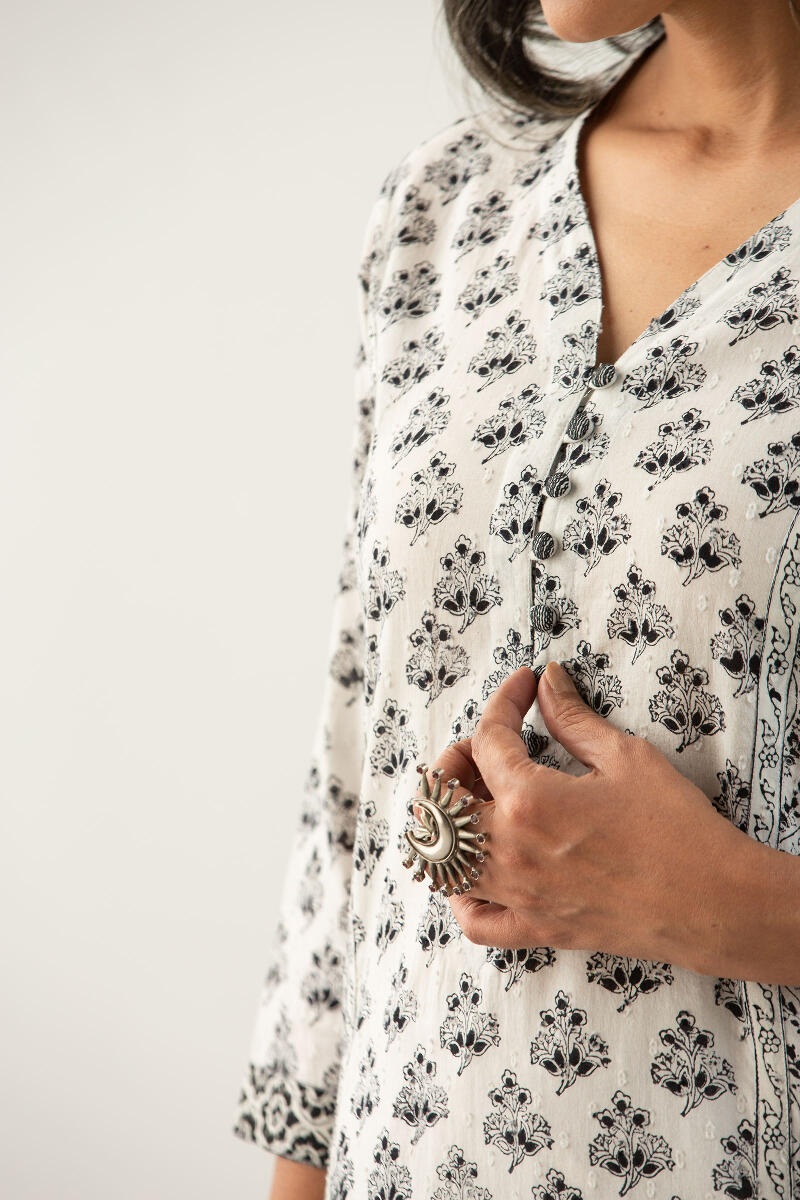 White Block Printed Straight Cotton Kurta