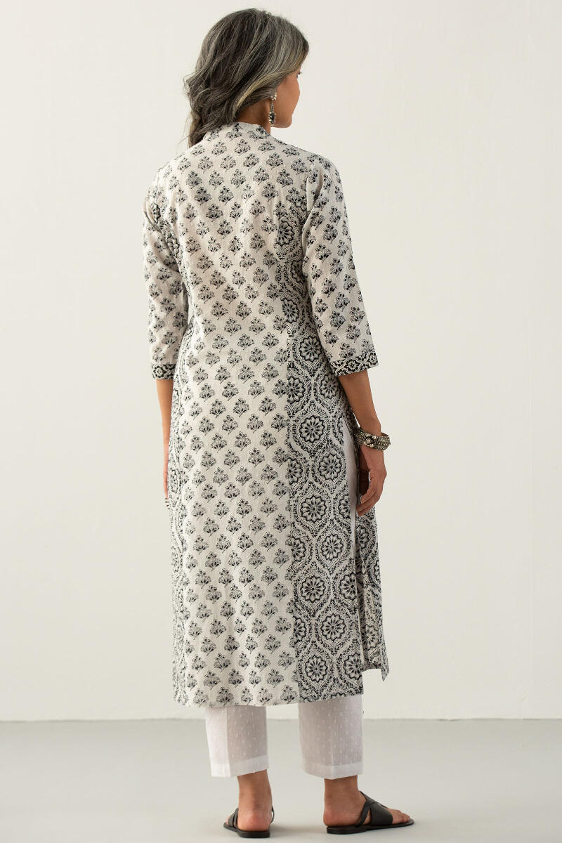 White Block Printed Straight Cotton Kurta