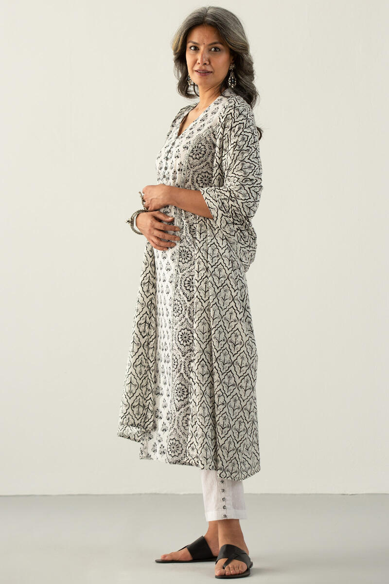 White Block Printed Straight Cotton Kurta