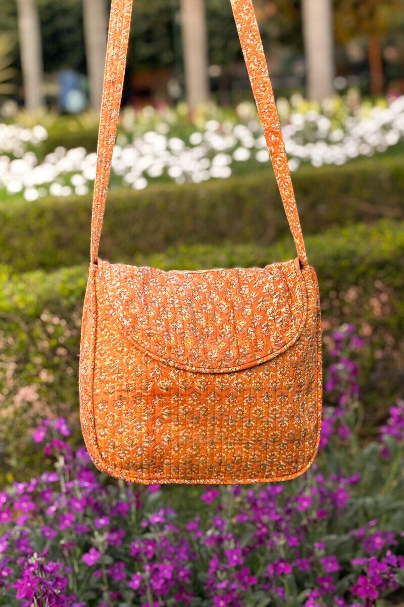 Mustard Hand Block Printed Cotton Slub Cross Body Bag