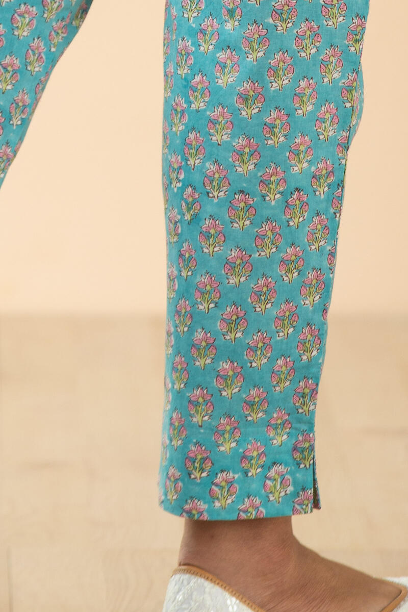 Turquoise Block Printed Cotton Pants