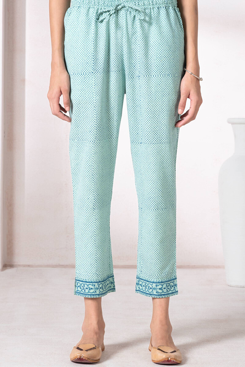 Turquoise Block Printed Cotton Flex Pants