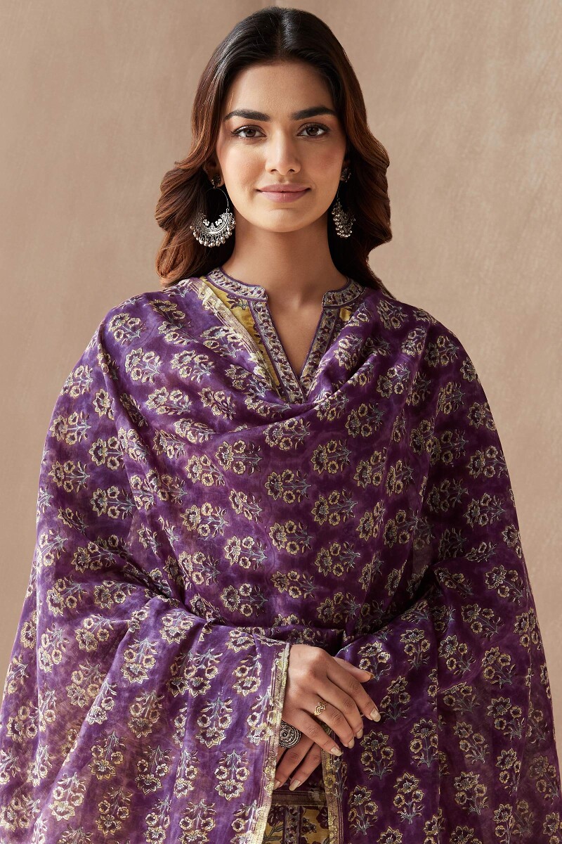 Purple Hand Block-Printed Chanderi Dupatta