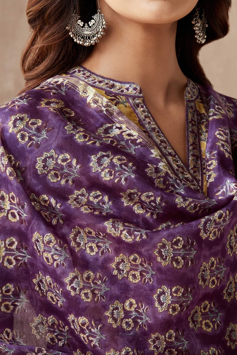 Purple Hand Block-Printed Chanderi Dupatta