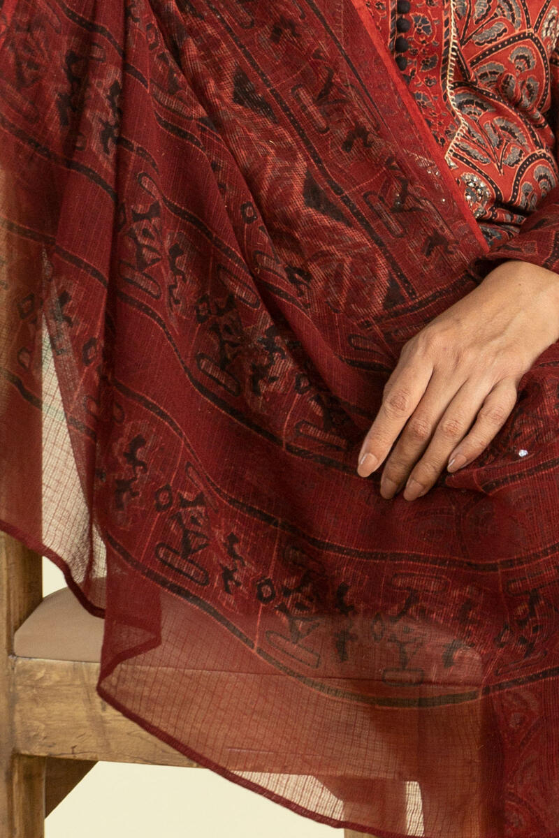 Red Block Printed Kota Dupatta