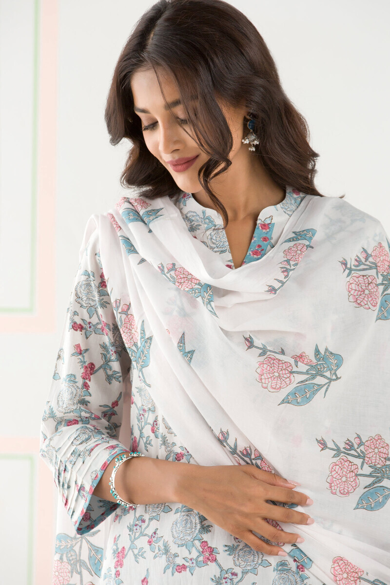 White Block Printed Cotton Dupatta