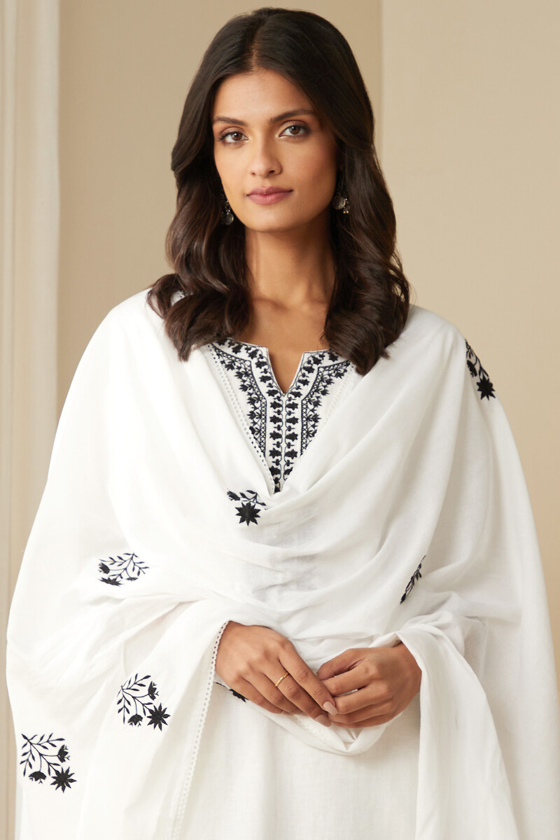 White Handcrafted Cotton Mul Dupatta