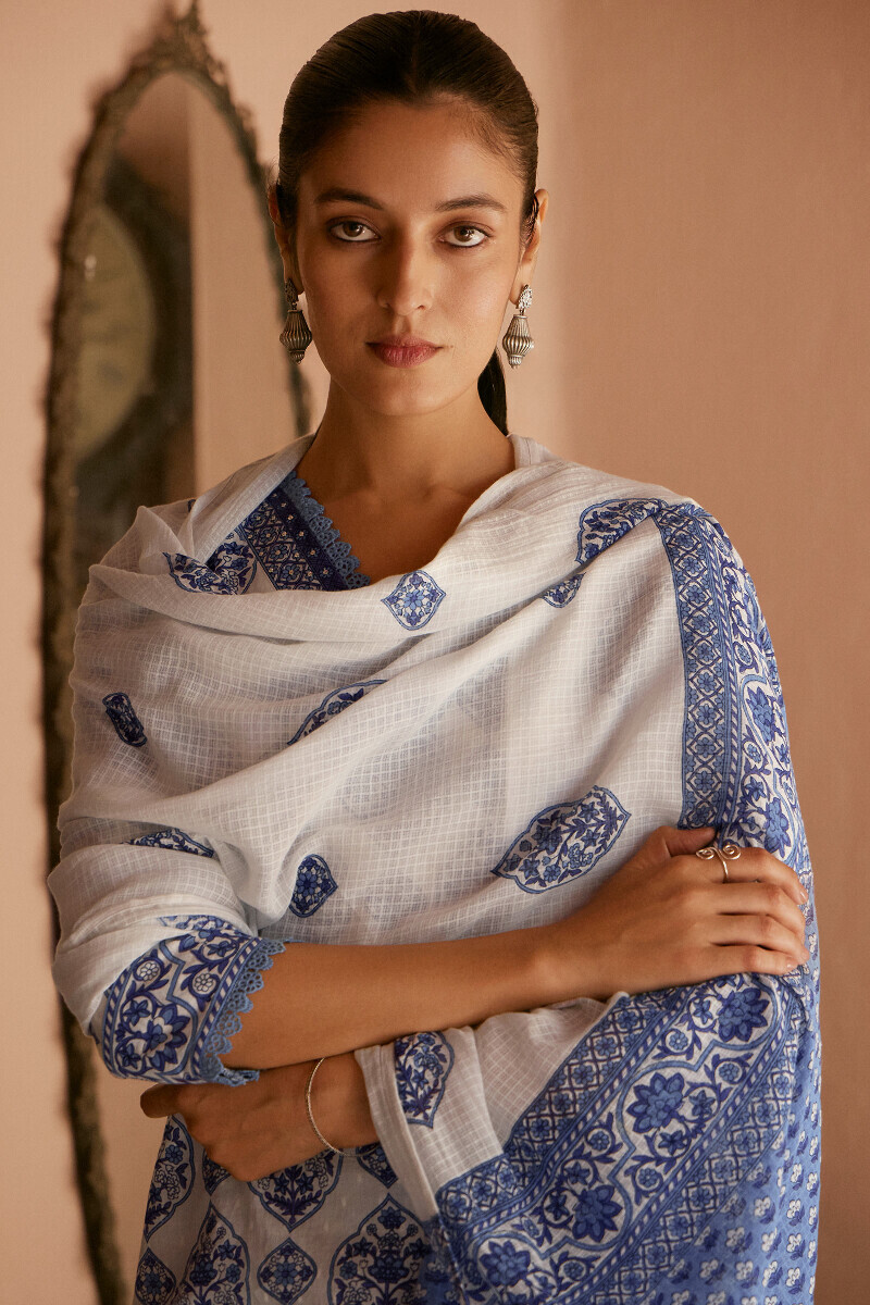 White Hand Printed Kota Dupatta