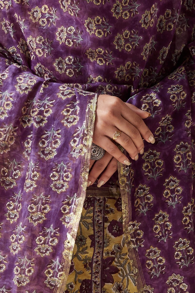 Purple Hand Block-Printed Chanderi Dupatta