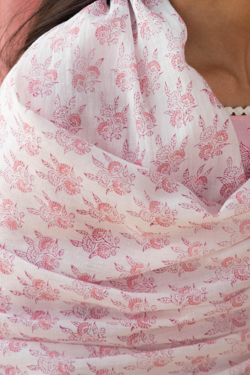 Pink Block Printed Cotton Dupatta