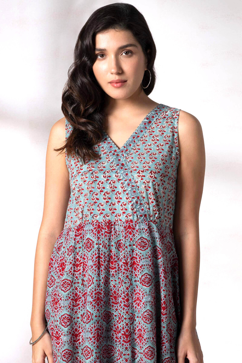 Turquoise Block Printed Cotton Dress