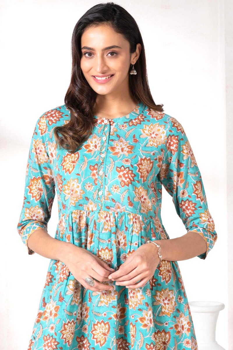 Turquoise Block Printed Cotton Dress