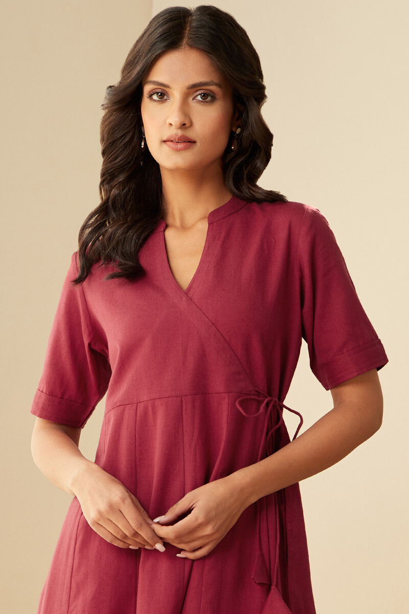 Maroon Handcrafted Cotton Linen Dress