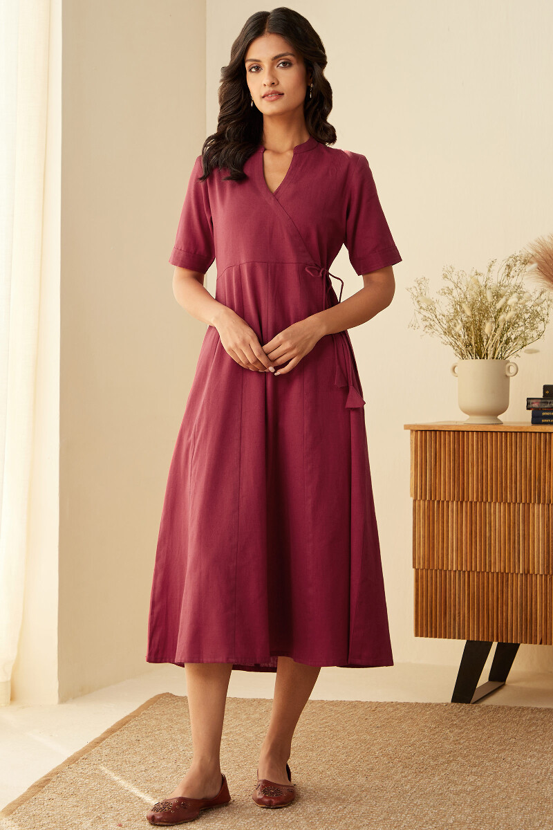 Maroon Handcrafted Cotton Linen Dress