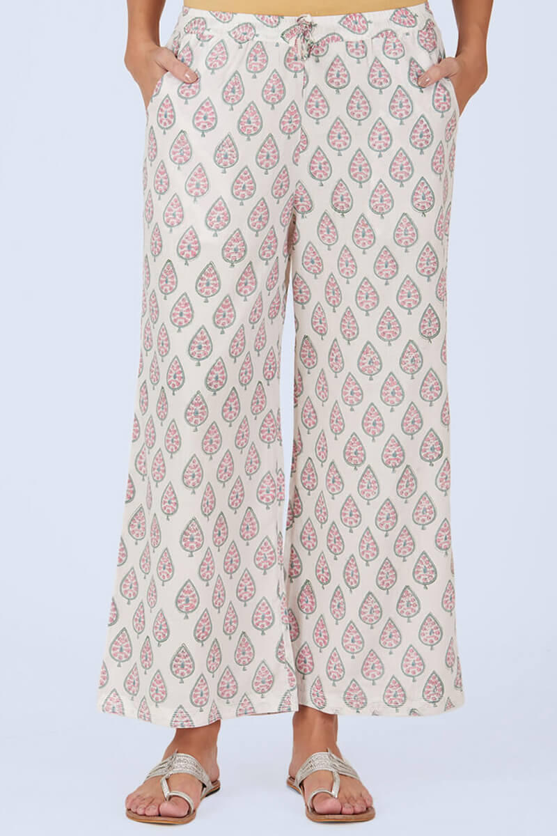 White Block Printed Cotton Farsi Pants